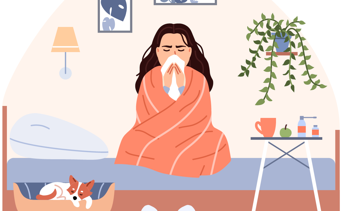 an illustration of a woman wrapped in a blanket with a handkerchief over her mouth